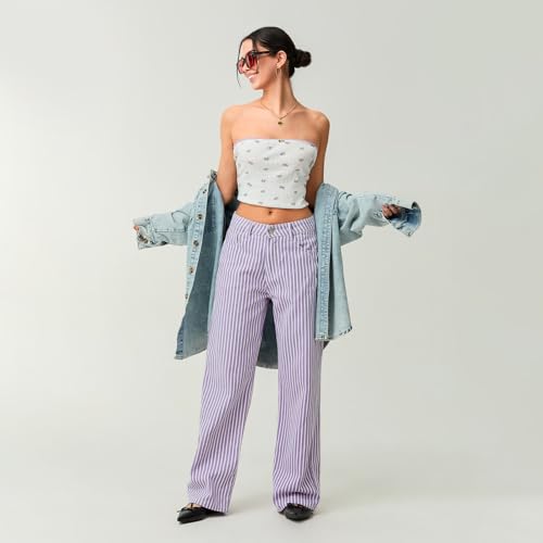 Women Y2k Striped High Rise Jeans Vintage Straight Wide Leg Baggy Boyfriend Bootcut Jeans Denim Pants with Pockets4