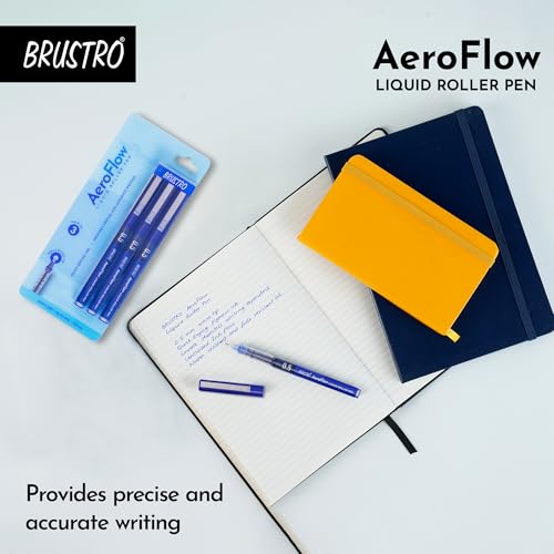 Image of BRUSTRO AeroFlow Liquid Ink Rollerball Pens | Blue | 0.5mm, Micro Tip | Pack of 3| Ideal for Students, Professionals, Office, Exam use, Accurate Smooth Writing, Fade Resistant