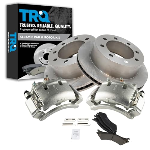 Image of TRQ Rear Brake Pad, Caliper, & Rotor Kit Ceramic Vented Compatible with 2003-2007 Ford E-250 1999-2002 E-250 Econoline