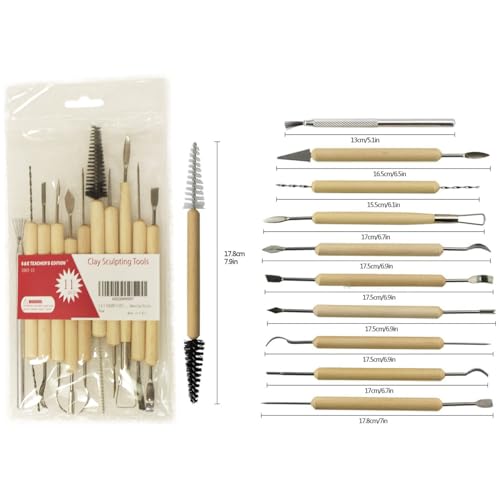 Image of S & E TEACHER'S EDITION 11 Pcs Pottery & Clay Sculpting Tools | Double-Sided, Ceramics Tools, Smooth Wooden Handles, For Trimming, Embossing Pattern
