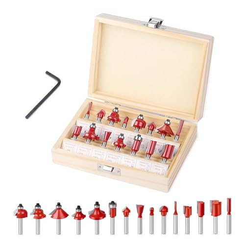 Losxuido 15 Stück Fräser für Oberfräse 6mm Schaft Oberfräse Fräser set Nutfräser Profilfräser Oberfräser Set mit Holzkoffer für Holzbearbeitung (6mm Rot)