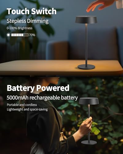NEWSEE Contemporary Cordless Table Lamp Set of 2, Waterproof, Rechargeable 5000mAh Battery-Powered, Dimming Night Light for Bedroom, Dining Room, Bar, and Outdoor Use (Black) - Image 5