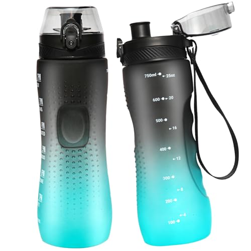 Binudum Trinkflasche Motivations Wasserflasche mit Zeitmarkierung, Sport Tritan BPA freie auslaufsichere Wasserflasche für Jugendliche, Erwachsene, Fitnessstudio (Schwarz Grün, 750 ml)