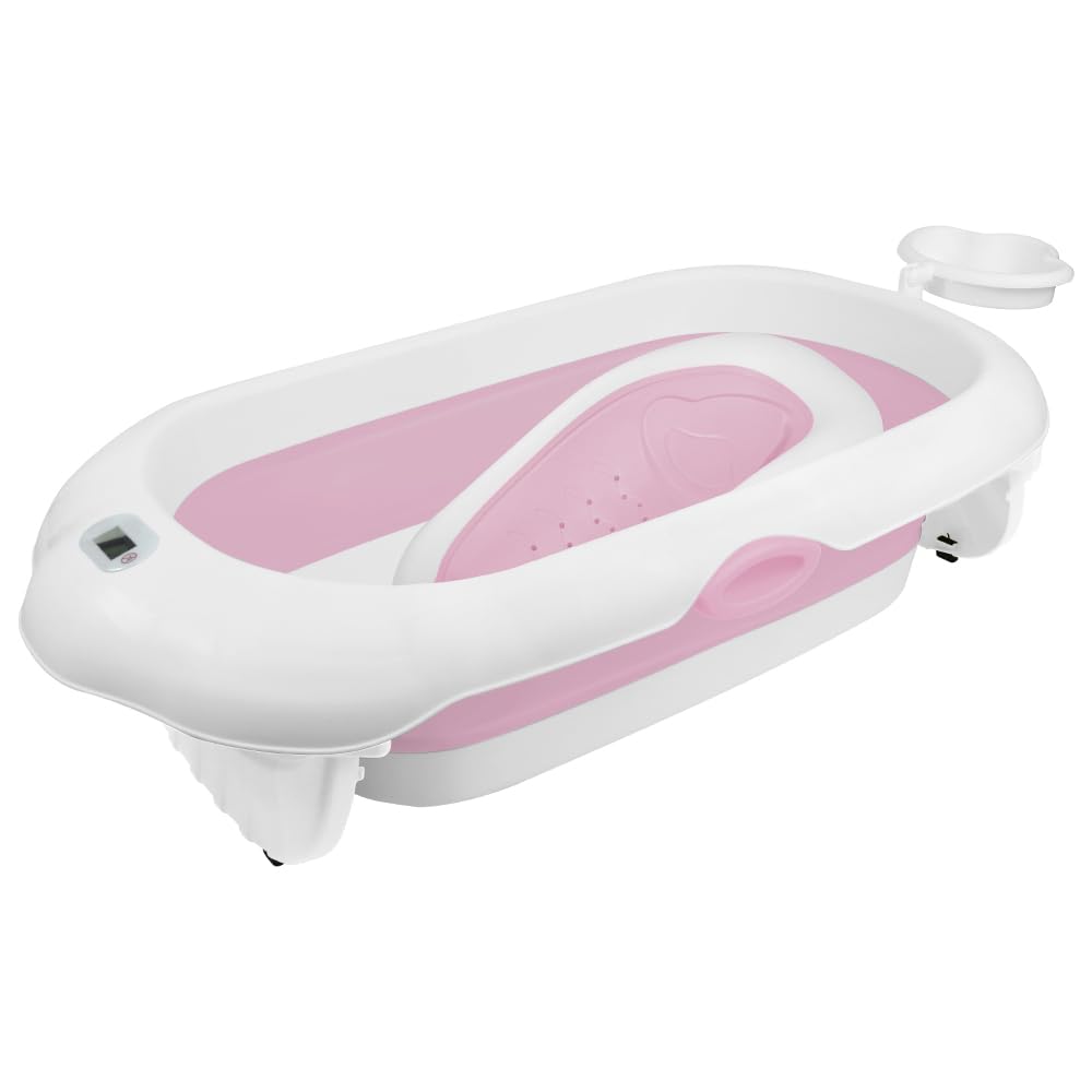 Homewell - Bañera para bebé plegable con cojín de baño para bebé y termómetro integrado, viaje, cuenca para bebé, bañera infantil, regalo de nacimiento, 97 x 52 x 24 cm (rosa)