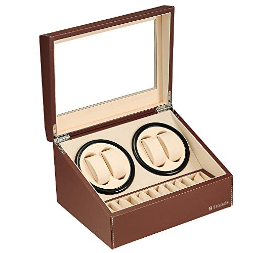 ワインディングマシーン(4本巻き+6本収納) ウォッチワインダー 自動巻き時計ワインディングマシーン 日本製 マブチモーター 設計 高級 腕時計自動巻き上げ機 腕時計収納ケース 男女の腕時計は全部使えます 2022年アップグレード (ブラウン レザー)