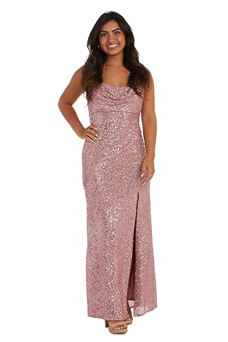 Image of Nightway Juniors' Long Sequin Cowl Neck Gown W /Cross-Back Spaghetti Straps & Side Slit - Prom Cocktail Party