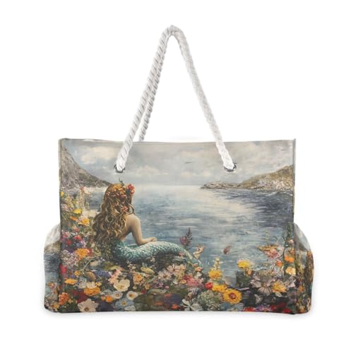 Mermaid and Flowers Beach Bag & Travel Tote Bag Large Sandproof with Zipper Closure, Wet Pouch for Swim Gym Travel, Lightweight Foldable Outdoor Bag2