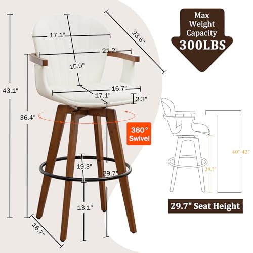 Image of LUNLING 30 inch Bar Height Stools,Mid Century Modern Bar Stool,White PU Leather Kitchen Island Stools,Wood High Barstools Swivel with Back and Arms for Home Bar Furniture,1PCS