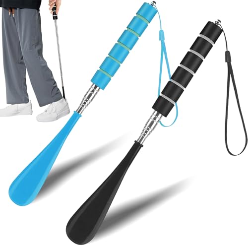 Calzascarpe Lungo,2 Pezzi Telescopico Calzascarpe,Calzante Lungo con Comoda Impugnatura Calzascarpe Retrattile,Asta di Metallo 30-70 cm per Donne,Uomini,Anziani,Bambini（Blu e Nero）