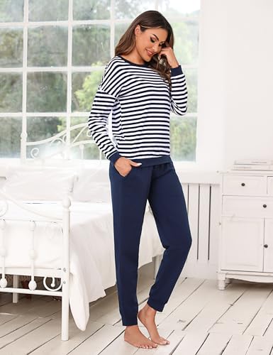 Bresdk Schlafanzug Damen Lang Pyjama Set Langarm Baumwolle Winter Nachtwäsche Frauen Blau L 3