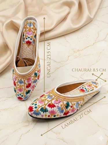 Image of Women Embroidered Jutti, Floral Ethnic Mojari, Slip-On Flats for Wedding, Festive (UK Footwear Size System, Adult, Women, Numeric, Medium, 10) Multicolour