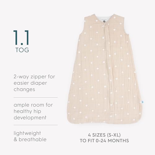 Image of Little Unicorn 0-6 Month Premium Muslin Sleep Sack 1.1 TOG | Soft & Breathable Muslin Cotton for safer sleep | 2 way zipper (Taupe Cross)