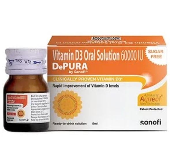 Image of DePURA Vitamin D3 Oral Solution 60000 IU | Cholecalciferol 60000 IU Vitamin D3 Nano Shots | Clinically Proven | 34% Better Absorption | Sugar Free - 5ml Ready to Drink Shots