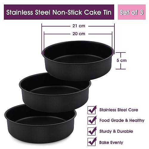 HaWare 8-Inch Round Cake Tins Set of 3, Non-Stick Stainless Steel Baking Pans for Birthday and Wedding Cakes - Healthy, Non-Toxic & Rust Resistant - Image 2