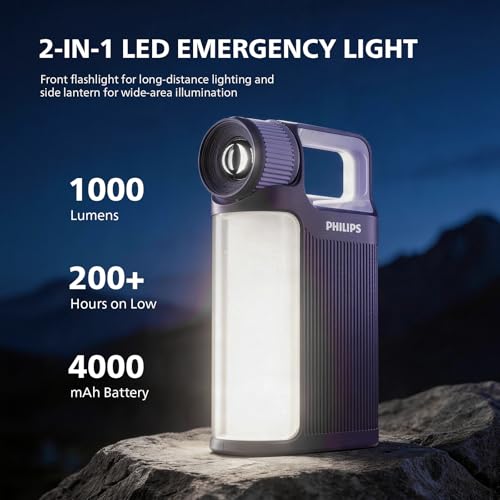Image of PHILIPS Emergency Light Rechargeable, 4000mAh LED Torch Light, 1000LM Flashlight with Telescopic Zoomable, 325M Range, 10W Power, IP44 Waterproof, Emergency Lantern for Home, Camping and Emergency