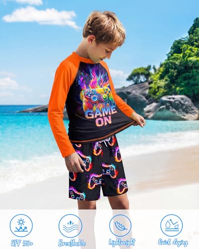 Image of Boys Rash Guard Swim Set with Swim Trunks Bathing Suit Long Sleeve Swim Shirt Quick Dry Swimsuit Kids Swimwear Size 7-16