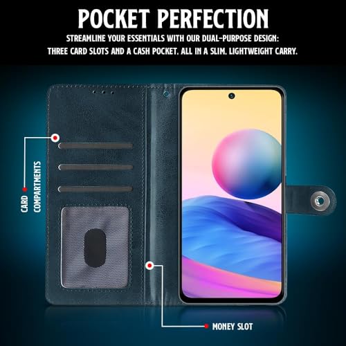 Image of WOW IMAGINE Shock Proof Flip Cover Back Case for Xiaomi Redmi Note 10T 5G | Poco M3 Pro 5G (Magnetic Button Flip Case | Wallet Pockets & Stand | Leather Finish | Oxford Blue)