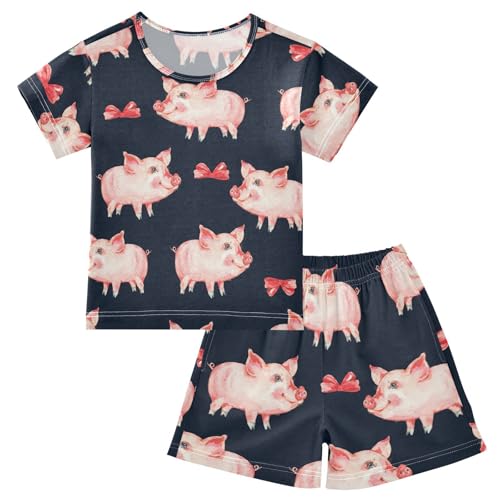 Pajama Short Sets Watercolor Cute Piggy Soft Cotton Summer Sleepwear 2 Piece PJS Size 5-14T