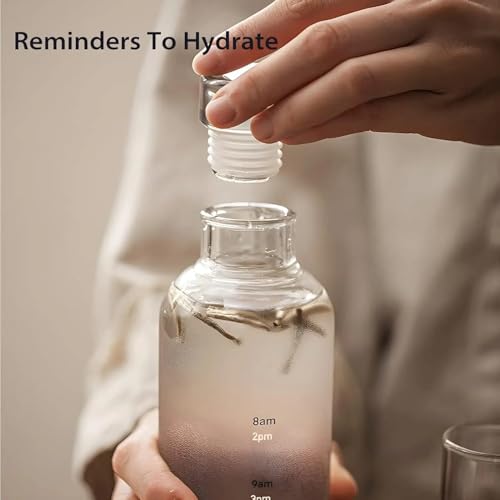 Image of Borosilicate Glass Water Bottles with Cap, Transparent Water Bottle 1 litre Glass Motivational Bottle with Time Marker Cute Glass Milk Juice Drinking Bottles for Women (Transparent 1000ml)