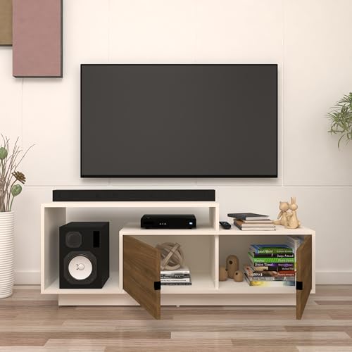 Image of Caspo TV Unit with Storage | Engineered Wood TV Entertainment Unit | Installation Type - DIY(Do-It-Yourself) (Frosty White & Wood Oak Dark)