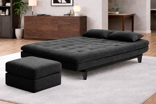 Image of Rosebell Modern Three-Seater Sofa Cum Bed - Foldable Velevt Fabric Sofa, Foam Seating, Stylish Design for Living Room, Guest Room & Office - Black Color