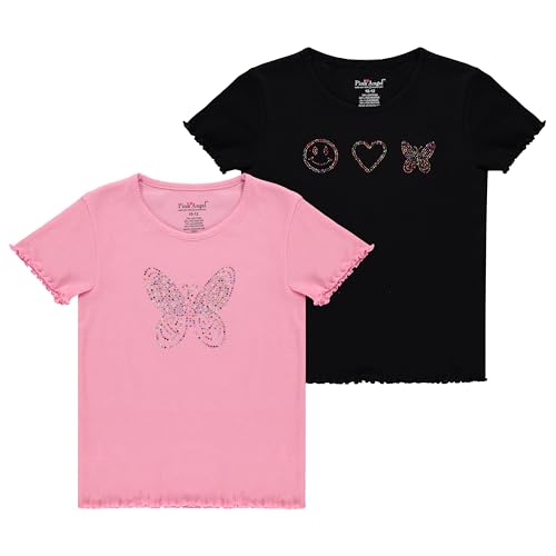 Pink Angel Girls’ 2-Pack Ribbed Tees – Sparkly Rhinestone Graphic T-Shirts – Soft, Stretchy, and Stylish Everyday Tops