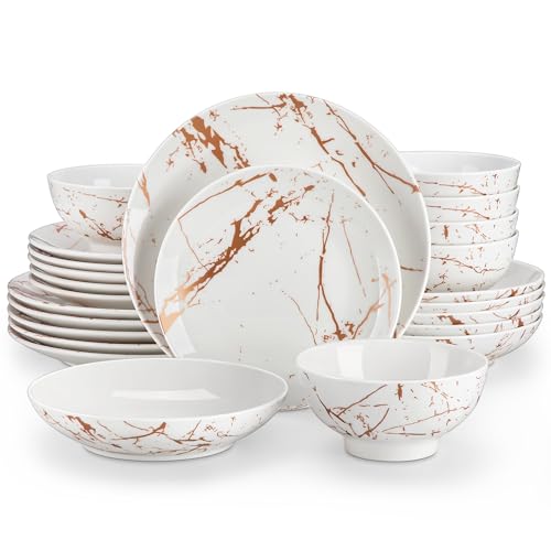 LOVECASA Daphne - Assiettes Service de Table 6 Personnes, Vaisselle Complète Moderne en Porcelaine, 24 Pièces (Assiettes Plates, à Dessert, Bols à...