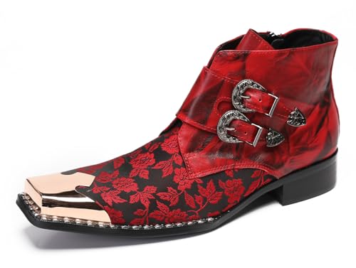 Santimon Cowboy Boots for Men Party Red Dress Casual Leather Metal Square Toe Floral Buckle Chelase Boots Mens Fashion Ankle Western Boots for Boys