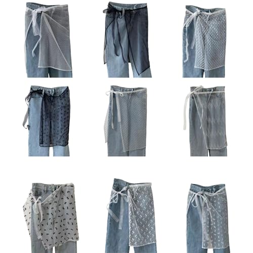 Women Aesthetic See Through Lace Apron Skirt Vintage Tie Up Bowknot Pattern White Sheer Covering Overskirt Streetwear3