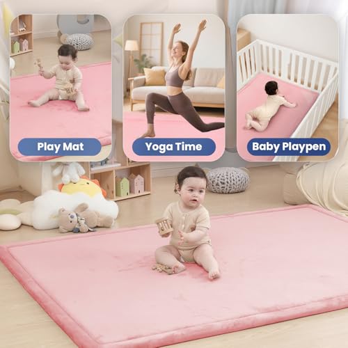Image of Baby Play Mat for Floor,1.3 inch Thick Memory Foam Tummy Time Mat for Toddlers,Infants,Kids,Soft Coral Velvet,Extra Large Non Slip for Crawling,Yoga,Tatami Style for Living Room(Pink)
