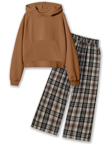 kadoubiyoo Teen Girl Clothes Solid Long Sleeve Hoodie Sweatshirt Plaid Wide Leg Pants with Pockets Fall Outfits Girls Size 10 Clothes Khaki