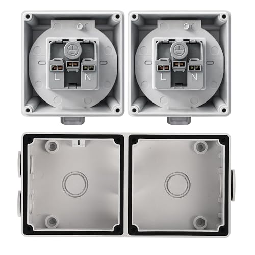 Image of MX IP66 Waterproof Outdoor Socket Box with 2 x 16A Indian Sockets, 250V Weatherproof Dustproof Electrical Wall Outlet, 4 Module Modular Power Socket with Spring Cover for Garden, Balcony, Patio