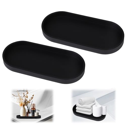 BigKing 2 bandejas de silicona para el baño, decoración de baño, 24,5 × 11 × 2 cm, bandeja ovalada de silicona para jabón, perfumes, cosméticos y joyas (negro)