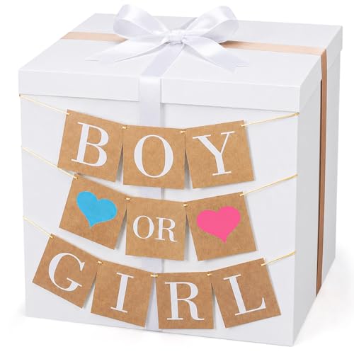 VercanMonth 28 Inches Giant Gender Reveal Gift Box with Lid Kit Extra Large White Gift Box with Boy or Girl Party Banner and White Gold Ribbons for Gender Reveal Birthday Party Baby Shower Decor