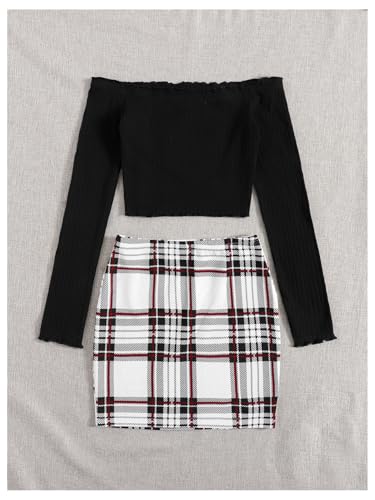 SHENHE Women's 2 Piece Outfits Off Shoulder Ribbed Long Sleeve Crop Top and Plaid Mini Skirt Set2