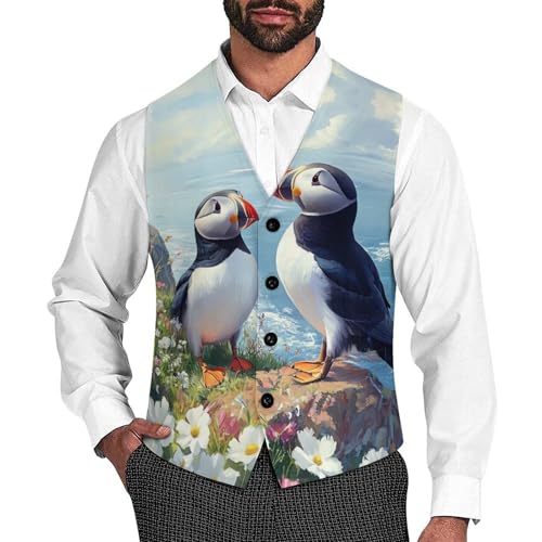 Puffines Birds Men's Suit Vests Dress Vest V-Neck Waistcoat Slim Business Formal with Pocket