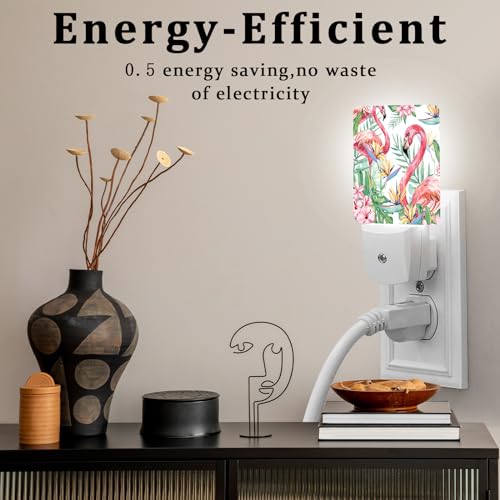 Image of Summer Flamingo Night Light, Plug-into Wall Palm Tree Tropical Flower Nightlight Lamp with Dusk to Dawn Sensor, Led Lamp 0.5W Energy Efficient for Boys Girls Adults Home Decor