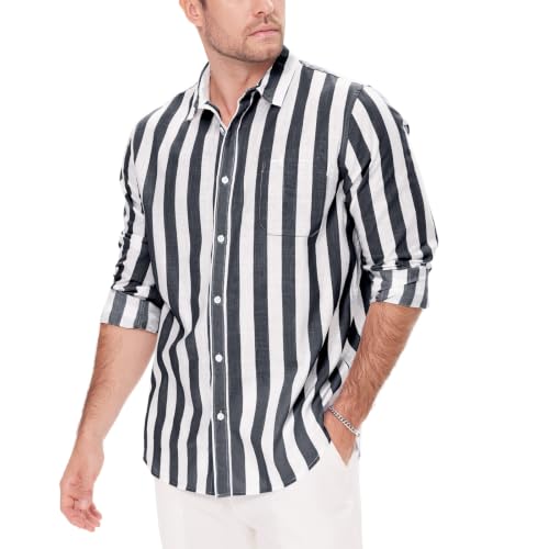 Image of JEKAOYI Mens Button Down Cotton Linen Shirts Casual Long Sleeve Beach Tops