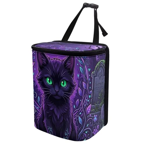 Image of Talayituse Purple Cat Forest Leaf Print Car Trash Can Portable Auto Garbage Bin Multifunctional Vehicle Interior Accessories with Adjustable Straps Universal Fit Truck SUV Sedan