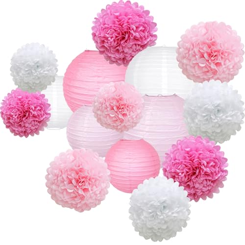 Image of KAXIXI Hanging Party pom pom Set, 15pcs Pink White Paper Flowers Pom Poms Balls and Paper Lanterns for Wedding Birthday Bridal Baby Shower Graduation, LanternPomPom012
