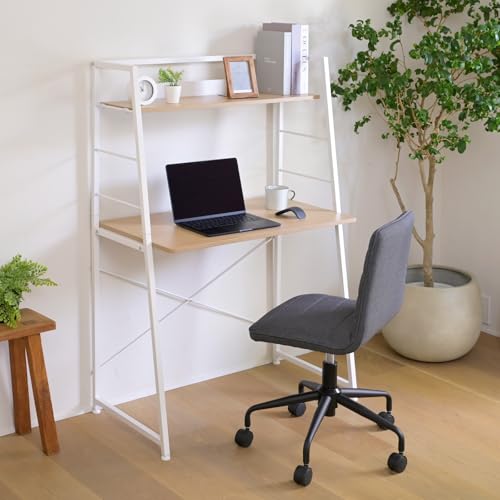 Yamazen GUD-8550 (WN/MWH) Desk with Top Shelf Space Saving Computer Desk PC Desk Study Desk Rack Scratch-resistant Tabletop Width 33.3 x Depth 19.3 x Height 50.4 inches (84.5 x 49 x 128 cm)