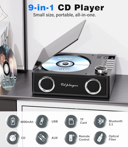 Portable CD Player with Bluetooth 5.3, Greadio CD Player with Speakers for Home, 4000mAh Rechargeable Retro CD Music Player with Remote Control, LED Display, Supports USB/TF/AUX, Optical Input