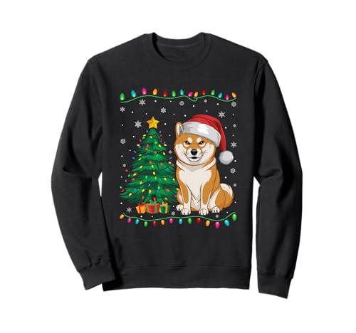 Shiba inu dog santa hat men women kids christmas tree lights sweatshirt