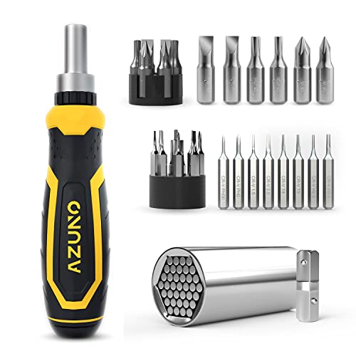 AZUNO 17 IN 1 Ratchet Screwdriver Set with Universal Socket, 3-Position Ratchet,14 CRV Bits Stored in Handle, 6+8 Slotted/Philips/Torx/Hex Sand Blasted Bits and Chrome Plated Precision bits.