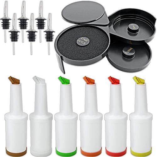 Bar Supplies Set - 3 Tier Glass Rimmer + 6 Alcohol Pour Bottles
