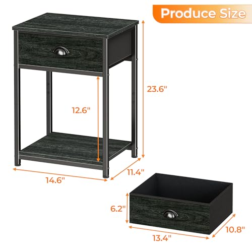 Image of Furologee Nightstands Set of 2, Industrial End Table with Fabric Drawer&Storage Shelf, Small Bedside Table Organizer for Small Space for Living Room, Tall 23.6 inch Night Stand for Bedroom, Black Oak
