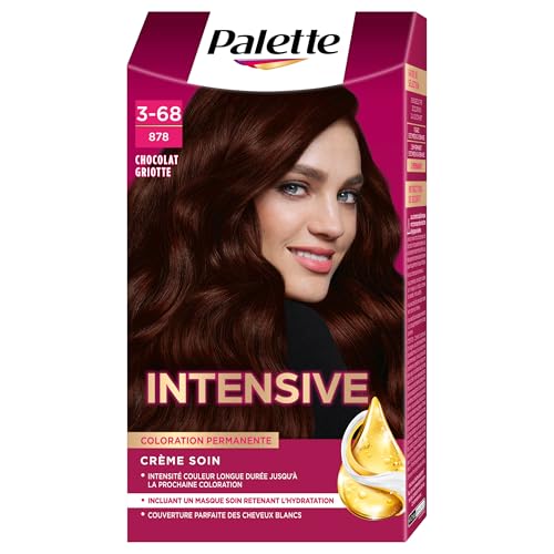 Palette, coloration permanente creme soin, couverture 100% cheveux blancs, couleur longue duree jusqu’a la prochaine coloration, 3.68 (878) chocolat griotte