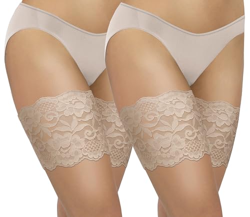 sesto senso 2 paia Bande Elastiche Anti Sfregamento Fasce Cosce di Pizzo Antisfregamento Sexy elastiche con 4 Strisce di Silicone Beige 60-65 M