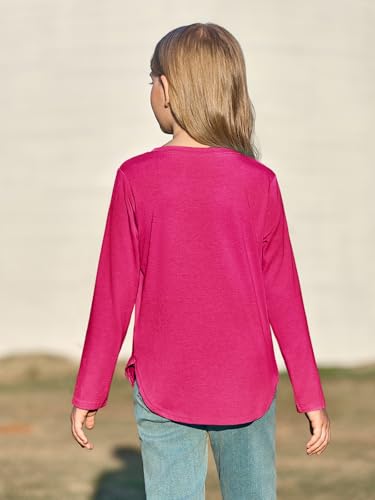 Image of Haloumoning Girls Long Sleeve T Shirts Kids Crewneck Tops 5-14 Years | Solid Color, Casual Loose Fit, Basic Tees, Curve Hem, Side Slit, Soft Tunic Tops, Fashion Clothes