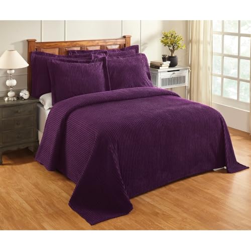 2 Piece Elegant 100% Cotton Tufted Chenille Bedspread Twin Size Heirloom Quality in Stripe Design | All Seasons Purple Plum Color Western Bedding Aesthetic Look Soft Plush Cozy Feel